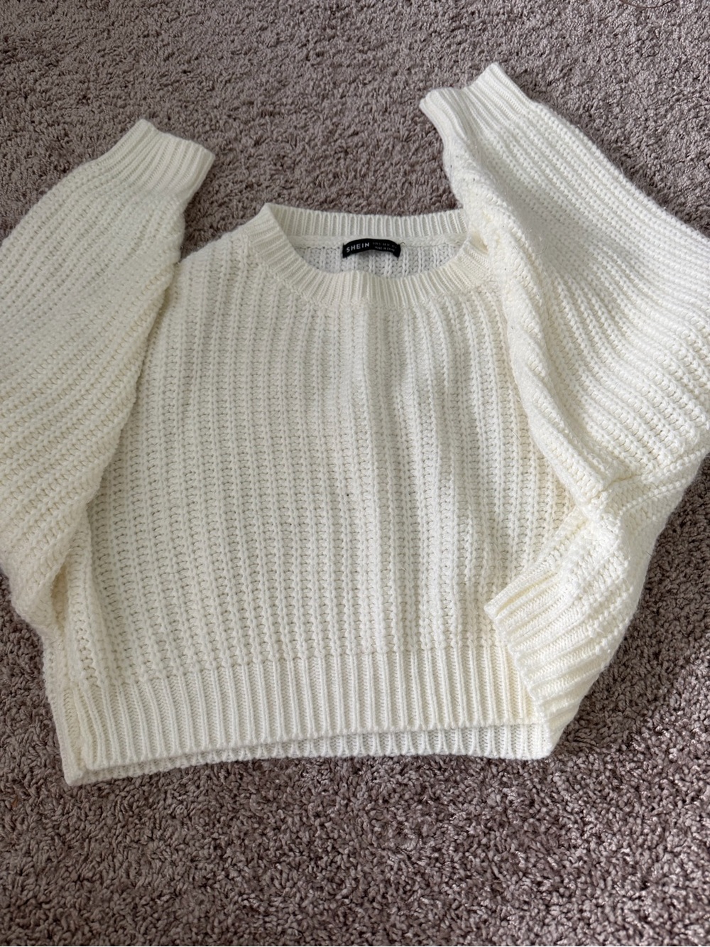 SHEIN Cream Cropped Waffle-Knit Crewneck Sweater